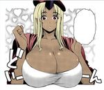  1girl blonde_hair breasts cleavage colored dark_skin dress female gigantic_breasts horn inui_takemaru long_hair looking_at_viewer monster_girl monster_musume_no_iru_nichijou monster_musume_no_iru_nichijou_online ogre okayado pointy_ears red_eyes solo surprised tionishia 