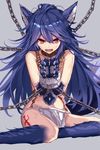  animal_ears aosaki_yukina bare_shoulders blue_hair chain chained chained_wrists claws fangs fenrir_(shingeki_no_bahamut) fur granblue_fantasy grey_background loincloth long_hair looking_at_viewer open_mouth paws red_eyes simple_background sitting solo 
