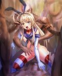  1girl 6+boys abs alber anal areolae arm_support bar_censor blonde_hair blood blush breast_grab breasts brown_eyes collar collarbone cowgirl_position crying crying_with_eyes_open double_penetration drooling elbow_gloves erection gangbang girl_on_top gloves group_sex hairband hetero interracial kantai_collection leg_grab long_hair male_masturbation masturbation multiple_boys multiple_penises muscle navel nipples open_mouth penis rape sailor_collar saliva sex shimakaze_(kantai_collection) small_breasts striped_legwear tears thighhighs tongue tongue_out torn_clothes vaginal virgin wide-eyed 