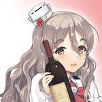  bottle bow bowtie commentary_request gradient gradient_background hair_between_eyes hat jiji kantai_collection light_brown_hair long_hair looking_at_viewer mini_hat official_art open_mouth pola_(kantai_collection) shirt solo tilted_headwear upper_body wavy_hair white_shirt wine_bottle yellow_eyes 