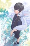  black_hair black_vest blue_eyes carbuncle_(final_fantasy) child field final_fantasy final_fantasy_xv flower flower_field from_above kouen_(10chio) looking_at_viewer male_focus noctis_lucis_caelum on_shoulder shoes shorts sneakers solo twitter_username vest younger 
