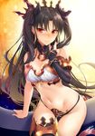  artist_name asymmetrical_legwear asymmetrical_sleeves bare_shoulders black_gloves black_hair blush breasts cleavage closed_mouth commentary crown earrings fate/grand_order fate_(series) gloves hair_ribbon hoop_earrings ishtar_(fate/grand_order) jewelry lips long_hair looking_at_viewer medium_breasts navel okitakung panties red_eyes ribbon single_thighhigh sitting solo thigh_gap thighhighs two_side_up underwear 