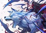  1boy animal belt blue_eyes boots cloak coat cravat fate/grand_order fate_(series) hessian_(fate/grand_order) lobo_(fate/grand_order) open_mouth pants tongue wolf 