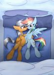  blue_feathers blue_fur brown_feathers brown_fur cutie_mark duo equine fan_character feathers featureless_crotch female friendship_is_magic fur grey_hair hair hooves lying mammal my_little_pony pegasus queenbloodysky rainbow_dash_(mlp) tongue wings 