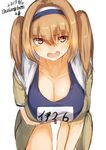  annoyed bangs bent_over breasts cleavage collarbone commentary_request dated eyebrows_visible_through_hair hair_between_eyes hairband hanging_breasts highres i-26_(kantai_collection) kantai_collection large_breasts light_brown_eyes light_brown_hair long_hair looking_at_viewer name_tag one-piece_swimsuit open_clothes open_mouth round_teeth sailor_collar school_swimsuit shiragiku1991 short_sleeves simple_background solo swimsuit swimsuit_under_clothes teeth twitter_username two-tone_hairband two_side_up upper_teeth white_background 