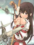  a6m_zero aiming aiming_at_viewer akagi_(kantai_collection) arrow bad_id bad_pixiv_id bangs bow_(weapon) brown_eyes brown_hair commentary_request drawing_bow gloves hair_between_eyes hakama_skirt highres holding holding_arrow holding_bow_(weapon) holding_weapon japanese_clothes junkaini kantai_collection long_hair muneate outstretched_arm partly_fingerless_gloves red_skirt skirt solo straight_hair tasuki weapon yugake 