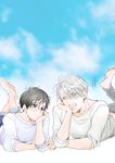  bad_id bad_pixiv_id barefoot black_hair blue-framed_eyewear blue_eyes blue_sky brown_eyes chin_rest glasses highres jewelry katsuki_yuuri lying male_focus multiple_boys on_stomach open_mouth ring saeko_(artist) silver_hair sky smile viktor_nikiforov yuri!!!_on_ice 