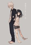  1girl arm_grab bandaged_feet bandaged_head bandages bangs bare_legs barefoot black_hair blue_eyes blunt_bangs bruise cover cover_page eyebrows_visible_through_hair face_mask grey_background hakuri hands_in_pockets height_difference injury leaning_on_person looking_at_viewer looking_to_the_side mask messy_hair official_art onii-san_(sachi-iro_no_one_room) purple_eyes sachi-iro_no_one_room sachi_(sachi-iro_no_one_room) shirt shorts shorts_rolled_up simple_background smile surgical_mask translated untucked_shirt white_hair 