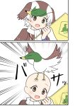  1girl 2koma :d bald bald_girl bird blue_wristband blush brown_eyes brown_hair brown_shirt comic commentary_request cowlick duck emphasis_lines eyes_closed flag green_hair highres indosou kemono_friends open_mouth scarf shirt short_hair short_sleeves simple_background smile solo spot-billed_duck_(kemono_friends) spread_wings white_background white_hair white_scarf 
