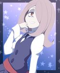  belt bioroid_hei brown_eyes commentary hair_over_one_eye half-closed_eyes juliet_sleeves little_witch_academia long_hair long_sleeves loose_belt luna_nova_school_uniform pale_skin pink_hair puffy_sleeves smile sucy_manbavaran upper_body vest 