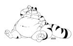  2016 anthro belly big_belly digital_media_(artwork) feline line_art longlevy mammal monochrome nude overweight simple_background sitting solo tiger vore white_background 