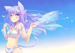 animal_ears bangs blue_bow blue_eyes blue_sky blush bow bow_bra bow_panties bra breasts cat_ears cat_girl cat_tail cleavage ech eyebrows_visible_through_hair floating_hair frilled_bra frills hair_between_eyes hair_flaps hands_up holding long_hair looking_at_viewer medium_breasts navel original outdoors panties parted_lips purple_hair see-through sky solo tail underwear underwear_only upper_body white_bra white_panties wind 