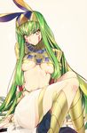  bare_shoulders blush bracelet breasts breasts_apart c.c. closed_mouth code_geass commentary cosplay creayus earrings egyptian egyptian_clothes facial_mark fate/grand_order fate_(series) green_hair hairband hoop_earrings jewelry long_hair looking_at_viewer medium_breasts nitocris_(fate/grand_order) nitocris_(fate/grand_order)_(cosplay) scar sidelocks simple_background sitting solo underboob very_long_hair yellow_eyes 