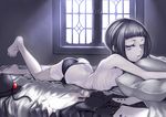 ass bags_under_eyes barefoot bed black_hair black_panties blue_eyes clothes_removed commentary glaring hat hat_removed headwear_removed jitome looking_at_viewer lying no_bra on_bed on_stomach pale_skin panties pillow ribs rita_(shingeki_no_bahamut:_genesis) shingeki_no_bahamut shingeki_no_bahamut:_genesis short_hair side-tie_panties stitches topless underwear window yunoji_(makuswel) zombie 