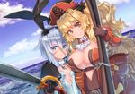  2girls animal_ears anne_bonny_(fate/grand_order) belt blonde_hair blue_eyes breasts cleavage coat collar cravat fate/grand_order fate_(series) grey_hair hairband large_breasts lips long_hair looking_at_viewer mary_read_(fate/grand_order) multiple_girls red_eyes rifle scar short_hair small_breasts smile standing sword twintails weapon 