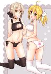  ahoge arm_behind_back artoria_pendragon_(all) asazuki_norito ass back-print_panties bangs bell bell_choker black_bra black_choker black_legwear black_neckwear black_panties blonde_hair bra breasts butt_crack cat_ear_panties cat_lingerie choker closed_mouth collarbone crotch_seam eyebrows_visible_through_hair fate_(series) frilled_bra frills from_behind frown green_eyes hand_on_hip highres kneeling looking_at_viewer looking_back meme_attire multiple_girls navel no_shoes open_mouth panties paw_panties paw_print print_panties saber_alter saber_lily short_hair side-tie_panties small_breasts sweatdrop thighhighs underwear white_bra white_choker white_legwear white_neckwear white_panties yellow_eyes 