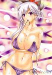  asymmetrical_hair bikini bikini_top biting biting_clothes breasts collarbone commentary_request crossed_arms eyebrows_visible_through_hair fate/grand_order fate_(series) grey_hair hair_ornament highres huge_breasts midriff miyamoto_musashi_(fate/grand_order) navel nipple_piercing piercing solo swimsuit takecha undressing wet 