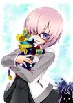  animal aura black-framed_eyewear black_dress blush cat dark_aura dress eyes_visible_through_hair fate/grand_order fate_(series) fou_(fate/grand_order) glasses hair_over_one_eye highres hisame_genta jacket jealous looking_at_viewer mash_kyrielight necktie open_mouth purple_eyes purple_hair short_hair smile sphinx_awlad type-moon 