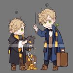  age_comparison blonde_hair bowtruckle briefcase coin fantastic_beasts_and_where_to_find_them freckles full_body gem green_eyes grey_background hair_over_one_eye hogwarts_school_uniform jewelry multiple_boys necklace newt_scamander niffler pearl_necklace protected_link scarf school_uniform simple_background sonnet_form wand younger 