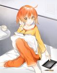  alternate_costume bed chashiba cup fate/grand_order fate_(series) fujimaru_ritsuka_(female) highres looking_down on_bed orange_hair pajamas papers pen pillow pout short_hair sitting solo table tablet teacup yellow_eyes 
