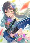  bang_dream! bangs black_hair blue_dress blue_flower blue_rose brown_hair confetti dress electric_guitar esp_guitars fingernails flower from_above glint green_eyes guitar hair_flower hair_ornament hair_ribbon hanazono_tae holding holding_instrument instrument light_smile long_hair looking_at_viewer mouth_hold multicolored_hair perspective plectrum red_flower red_rose ribbon rose scrunchie short_sleeves smile solo stratocaster striped terumii upper_body vertical-striped_dress vertical_stripes wrist_scrunchie 