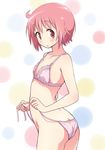  ahoge ass blush bra butt_crack commentary eyebrows_visible_through_hair flat_chest from_side looking_at_viewer mel_(melty_pot) nonohara_yuzuko open_mouth panties pink_bra pink_eyes pink_hair pink_panties short_hair side-tie_panties solo underwear underwear_only untied untied_panties yuyushiki 