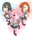  :p ;d ashido_mina asui_tsuyu black_eyes black_hair black_sclera blush boku_no_hero_academia brown_eyes brown_hair full_body grin highres horns long_hair long_sleeves looking_at_viewer multiple_girls necktie one_eye_closed open_mouth ouhashi_(yumenosukima) pink_hair pink_skin pleated_skirt red_neckwear school_uniform short_hair skirt smile teeth tongue tongue_out u.a._school_uniform uraraka_ochako yellow_eyes 