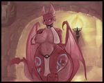  2017 anthro areola artbyyellowdog big_breasts blue_eyes breasts clothed clothing collar countershading detailed_background dragon female glowing half-closed_eyes hand_on_breast horn looking_at_viewer markings navel nipple_bulge nipples scalie seductive skimpy smile solo thick_thighs translucent transparent_clothing wide_hips wings 