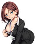  ass blue_eyes bra breasts brown_hair cleavage earrings formal highres jewelry lanyard large_breasts leaning_forward nipple_slip nipples office_lady open_mouth original sblack short_hair simple_background solo suit underwear white_background 