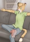  anthro cheetah clothing feline footwear green_eyes jeans male mammal minum pants pink_nose salmy shirt shoes sitting sofa solo t-shirt 