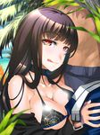  1girl atlach-nacha bare_shoulders belt bikini bikini_top black_hair blush breast_press breasts choker cleavage doomblade eyebrows eyebrows_visible_through_hair highres hirasaka_hatsune large_breasts long_hair looking_at_viewer naughty_face open_clothes outdoors palm_tree pants_down red_eyes smile solo_focus standing sweat undressing 