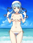  :d ass_visible_through_thighs beret bikini blue_hair blue_ribbon blush body_blush breasts breasts_apart cameltoe cloud collarbone covered_nipples cowboy_shot day double_bun eyebrows_visible_through_hair gloves groin hair_between_eyes halterneck hat head_tilt holding kantai_collection long_hair looking_at_viewer medium_breasts navel open_mouth outdoors ribbon sameha_ikuya shiny shiny_skin side-tie_bikini sky smile solo swimsuit thigh_gap urakaze_(kantai_collection) water white_gloves white_hat 