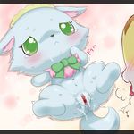  alex_(jewelpet) anus blue_fur blush bow breath canine censored chihuahua dog drooling duo eyelashes female feral frilly fur green_eyes japanese_text jewelpet koriko lying male mammal milky_(jewelpet) on_back pink_fur pussy pussy_juice saliva sanrio scottish_fold shaking simple_background stripes sweat tan_fur text tongue tongue_out 