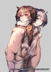  :o artist_name breasts brown_hair eurasian_eagle_owl_(kemono_friends) fur_collar grey_background head_wings holding_hands kemono_friends looking_at_viewer multiple_girls navel nipples northern_white-faced_owl_(kemono_friends) patreon_username pussy red_eyes redcomet short_hair silver_hair simple_background small_breasts watermark web_address yellow_eyes 