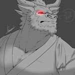 anthro beard bovine cattle clothed clothing dingding_(artist) facial_hair facial_piercing looking_at_viewer male mammal muscular nose_piercing piercing red_eyes solo 