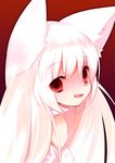  animal_ears bags_under_eyes bangs bare_shoulders detached_sleeves ech empty_eyes eyebrows_visible_through_hair eyelashes face from_side gradient gradient_background happy kyubey long_hair looking_at_viewer looking_back mahou_shoujo_madoka_magica open_mouth personification red_background red_eyes shaded_face smile solo turtleneck white_hair 