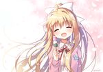  ^_^ air blonde_hair cardigan closed_eyes dango facing_viewer food hair_ribbon kamio_misuzu long_hair mauve open_mouth pink_cardigan pink_sweater ponytail ribbon solo sweater upper_body wagashi white_ribbon 