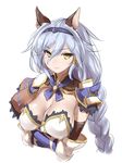  47agdragon animal_ears bangs blue_hair blush braid breasts cleavage closed_mouth crossed_arms elbow_gloves erune eyebrows_visible_through_hair gloves granblue_fantasy hair_between_eyes hairband heles highres large_breasts long_hair looking_at_viewer single_braid sketch smile solo yellow_eyes 