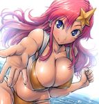  amania_orz bare_shoulders bikini blue_eyes blush breasts cleavage collarbone covered_nipples dated gundam gundam_seed gundam_seed_destiny hair_ornament large_breasts lips long_hair looking_at_viewer meer_campbell navel outstretched_hand pink_hair shiny shiny_hair sidelocks smile solo star star_hair_ornament swimsuit twitter_username water wet yellow_bikini 