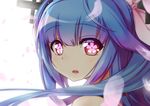  bare_shoulders blue_hair close-up eyebrows_visible_through_hair flower-shaped_pupils gradient_hair haniyama_kurofo i-19_(kantai_collection) kantai_collection long_hair multicolored_hair open_mouth petals purple_hair red_eyes simple_background solo tri_tails white_background 