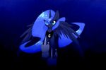  blue_eyes blue_feathers blue_fur equine feathered_wings feathers feral friendship_is_magic fur gradient_background hooves horn mammal my_little_pony princess_luna_(mlp) queenbloodysky simple_background smile solo standing winged_unicorn wings 