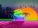  city eyewear fur horn japanese_text legendary_pok&eacute;mon nintendo palm_tree pok&eacute;mon rainbow sea solo sunglasses sunset testowepiwko text tree video_games water yveltal 