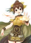  bare_shoulders bow bracelet breastplate brown_eyes brown_hair cape dyute_(fire_emblem) fang fire fire_emblem fire_emblem_echoes:_mou_hitori_no_eiyuuou jewelry long_hair open_mouth ponytail simple_background solo soyo2106 upper_body white_background 