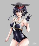  asymmetrical_hair bad_id bad_pixiv_id black_hair black_swimsuit brown_eyes cowboy_shot framed_breasts gloves hair_between_eyes hat headphones highres i-14_(kantai_collection) kantai_collection looking_at_viewer nakura_haru open_mouth partly_fingerless_gloves sailor_collar school_swimsuit short_hair single_glove solo swimsuit waving 
