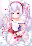  1girl animal_ears azur_lane bangs bed_sheet blush breasts bunny_ears camisole collarbone commentary_request eyebrows_visible_through_hair fingernails fur-trimmed_jacket fur_trim grey_hair hair_between_eyes hair_ornament hairband heart highres holding jacket kirisame_mia laffey_(azur_lane) long_sleeves looking_at_viewer mimikaki open_clothes open_jacket parted_lips pink_jacket pleated_skirt red_eyes red_hairband red_skirt seiza sitting skirt sleeves_past_wrists small_breasts smile solo strap_slip thighhighs translation_request twintails white_camisole white_legwear 