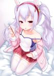  1girl animal_ears azur_lane bangs bed_sheet blush breasts bunny_ears camisole collarbone eyebrows_visible_through_hair fingernails fur-trimmed_jacket fur_trim grey_hair hair_between_eyes hair_ornament hairband heart highres holding jacket kirisame_mia laffey_(azur_lane) long_sleeves looking_at_viewer mimikaki open_clothes open_jacket parted_lips pink_jacket pleated_skirt red_eyes red_hairband red_skirt seiza sitting skirt sleeves_past_wrists small_breasts smile solo strap_slip thighhighs twintails white_camisole white_legwear 