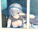  bare_shoulders bed bedroom blue_eyes blurry book breasts cleavage depth_of_field desk hamakaze_(kantai_collection) highres kantai_collection large_breasts lying nanotaro on_stomach shirt short_hair silver_hair sleepwear sleeveless sleeveless_shirt solo strap_slip stuffed_animal stuffed_toy teddy_bear waking_up window 