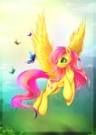  arthropod butterfly cutie_mark day detailed_background equine eyelashes feathers female feral fluttershy_(mlp) flying friendship_is_magic fur grass green_eyes hair insect l1nkoln mammal my_little_pony outside pegasus pink_hair smile wings yellow_feathers yellow_fur 