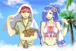  1boy 1girl adol_christin animal bare_shoulders bikini black_eyes blue_eyes blue_hair breasts dana_(ys) flower hair_over_one_eye hairband long_hair midriff navel open_mouth red_hair ribbon rose short_hair skirt trunks ys ys_viii_lacrimosa_of_dana 