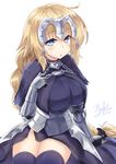  2014 arm_at_side armor armored_dress bangs blonde_hair blue_eyes braid breasts capelet chain cowboy_shot dated eyebrows_visible_through_hair fate/apocrypha fate_(series) faulds gauntlets groin hair_ornament hair_tie hand_on_own_chest hand_up headpiece highres jeanne_d'arc_(fate) jeanne_d'arc_(fate)_(all) large_breasts legs_together long_hair looking_at_viewer open_mouth purple_legwear showgirl_skirt signature simple_background single_braid sitting solo subaru_(794829485) thighhighs thighs very_long_hair white_background 